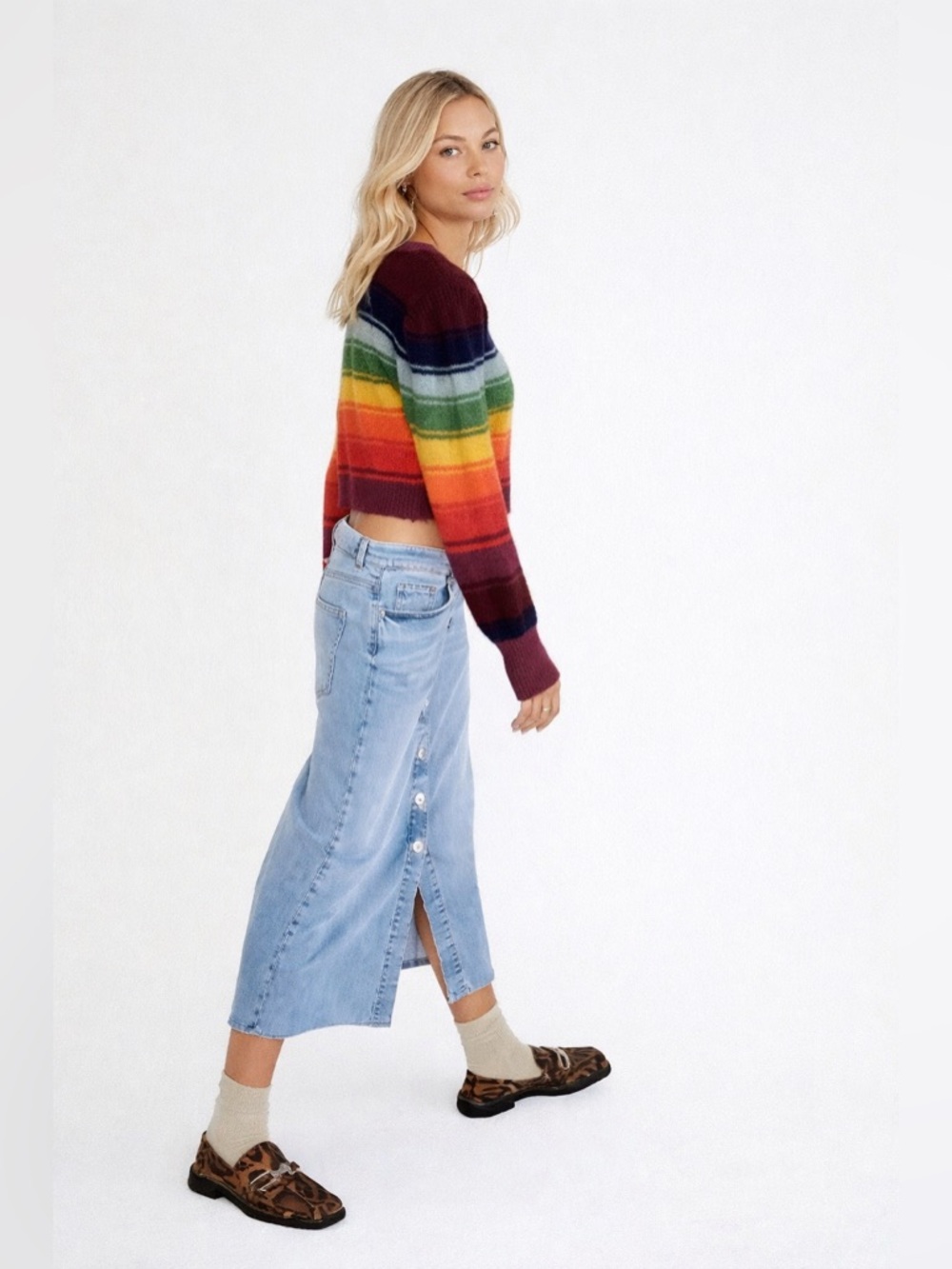 Zara Cropped Rainbow Stripe Sweater S | Colorblock Knit Crop Pullover